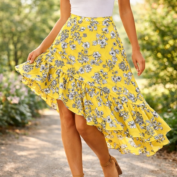 Gianni Bini NWT XS Yellow Floral Asymmetrical Skirt Boho Spring Ruffle Midi - Picture 3 of 10